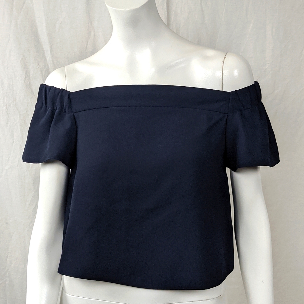 TOPSHOP CROP NAVY CAPPED SLEEVE COLD SHOULDER TOP